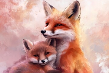 Wall Mural - A painting of a mother fox and her cub