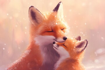 Wall Mural - A couple of foxes cuddling in the snow