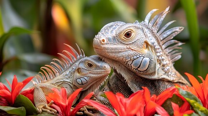 Wall Mural - A couple of iguanas sitting on top of a red flower