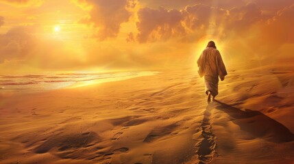 Wall Mural - A serene figure walking along a sandy beach at sunset, with vibrant clouds and gentle waves in the background