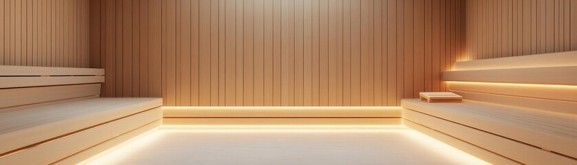 Minimalist sauna room with warm wooden interiors and soft glowing lights