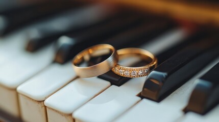 Wedding rings on a piano key, symbolizing the harmony and music of love