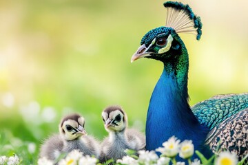 Wall Mural - A peacock and two baby birds in a field of flowers