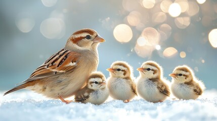 Canvas Print - A group of small birds sitting on top of snow covered ground