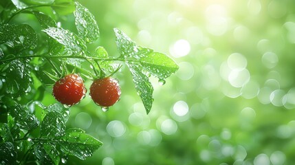 Wall Mural - A bunch of ripe tomatoes on a plant with water droplets