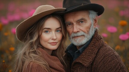 Wall Mural - A man and a woman standing in a field of flowers