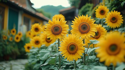 Poster - A field of sunflowers in front of a house