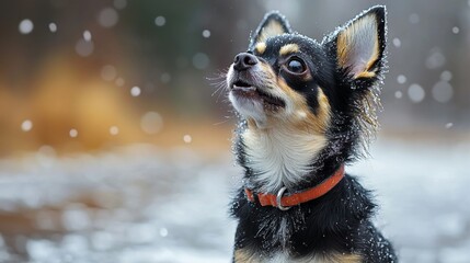 Wall Mural - A small black and brown dog with a red collar in the snow