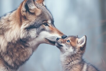 Sticker - A wolf and a baby wolf are looking at each other