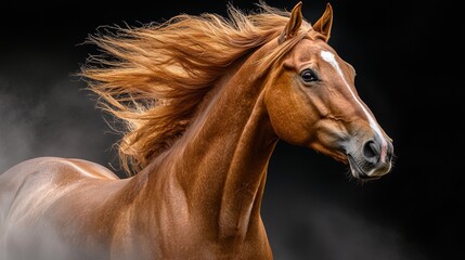 Canvas Print - A brown horse with a long mane is running in the wind