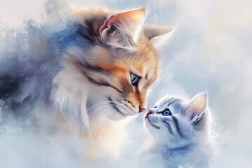 Wall Mural - A painting of a cat and a kitten looking at each other