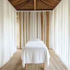 Serene massage session in a tropical spa pavilion with flowing white curtains