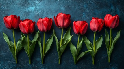 Poster - A row of red tulips on a dark blue background