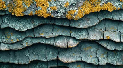 Wall Mural - A close up of a rock wall covered in green and yellow lichen