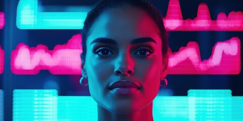 Finance and power in businesswomen. A woman with striking features stands against a vibrant digital backdrop filled with graphs and data.