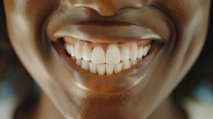 Wall Mural - Close-up of a joyful person smiling brightly, showcasing healthy teeth and vibrant skin in a natural setting