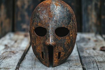 Details of a medieval helmet with a smooth faceplate reveal wear from battles and adventures of the past, highlighting its historical importance