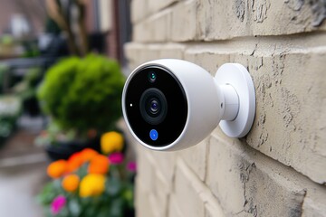 Security camera mounted on a brick exterior, ensuring safety while colorful flowers decorate the vibrant outdoor setting