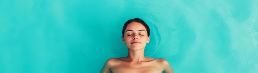 Woman floating in a turquoise sea, eyes closed, pure weightless relaxation