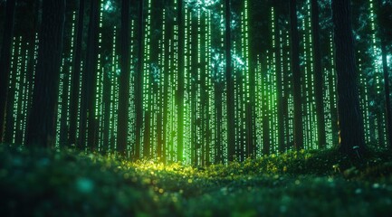 bright green binary code illuminates tall trees in a forest, creating a surreal atmosphere during tw