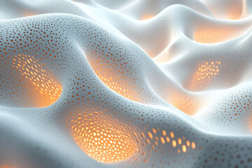 Poster - Abstract 3D rendering of a porous, undulating surface with warm inner light.