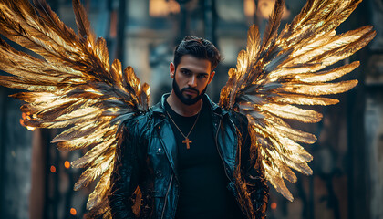 fallen angel, jacket man with golden feathers on the wings and fire