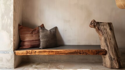 Canvas Print - Cozy seating area featuring rustic wooden bench and decorative pillows in a serene indoor space