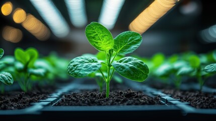 Wall Mural - Growing seedling in hydroponic tray, indoor farm