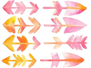 Wall Mural - A collection of orange and pink watercolor brush strokes forming arrows, hand-painted and isolated on a white background