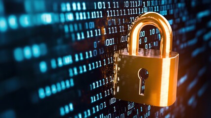 Secure lock symbolizing data protection with binary code background