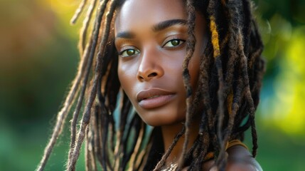 Wall Mural - Portrait of a woman with dreadlocks in a sunlit outdoor setting, showcasing natural beauty and serene expression