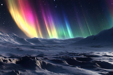 vibrant aurora borealis illuminates a snow-covered alien landscape under a starry night.