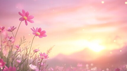 Wall Mural - Delicate Pink Flowers in a Peaceful Sunset Landscape with Soft Pastel Sky and Gentle Light