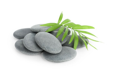 Wall Mural - Spa stones with leaves isolated on white