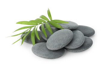 Wall Mural - Spa stones with leaves isolated on white