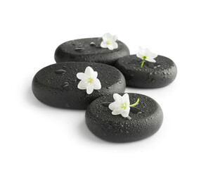 Wall Mural - Wet spa stones and beautiful flowers isolated on white