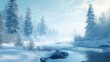 © afif - Snowy river, winter forest, frosty morning, calm, nature background, idyllic scene