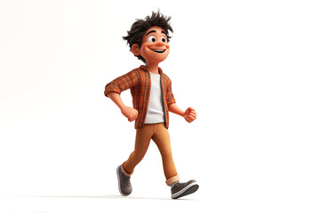 Happy kid boy walking and smiling on a white background. Funny cartoon character in 3d style design