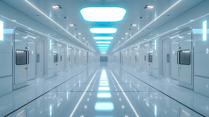 Futuristic white corridor with glowing lights and doors.