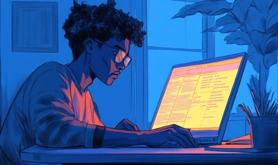 Person late-night coding, illuminated screen glows.