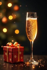 Wall Mural - Sparkling champagne, golden gift Festive bokeh , magical, festive, elegant