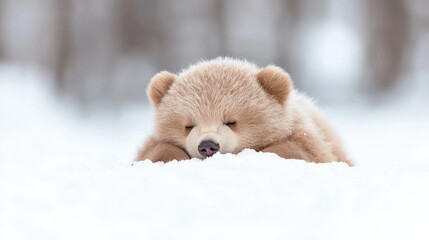 Wall Mural - Sleeping bear cub in snowy winter forest