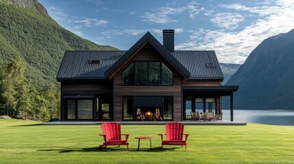 Wall Mural - House with red chairs on lawn by lake and mountains, for architecture or outdoor design