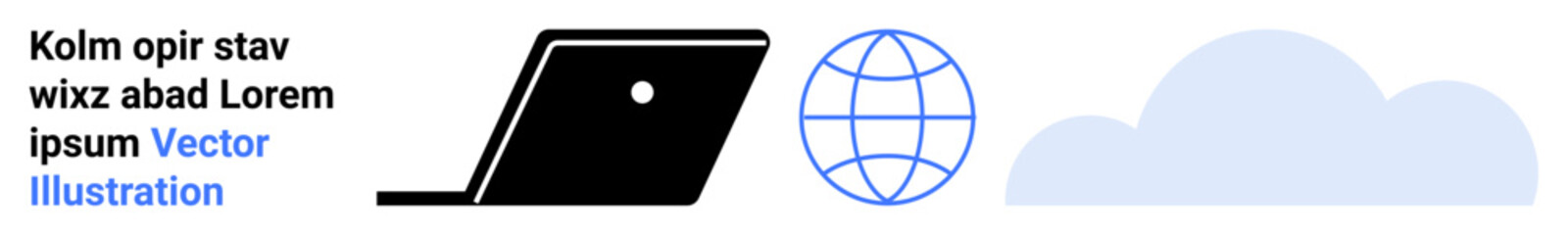 Laptop with screen open, globe representing global web access, cloud symbolizing data storage. Ideal for technology, internet, remote work, communication, global reach, data sharing abstract line