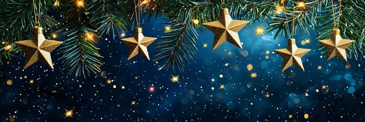 Poster - A dark blue background adorned with hanging golden stars and glowing lights, designed with space for text, perfect for a Christmas banner.