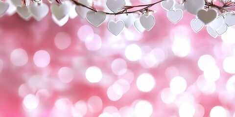 Canvas Print - White heart-shaped decorations hanging against a soft pink bokeh background