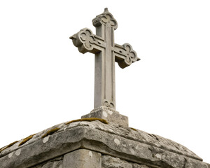 Stone cross atop a weathered grave marker