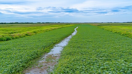 Wall Mural - Lush green agricultural field with waterway under cloudy sky backdrop