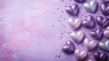 valentines day lavender background with metallic silver hearts pattern, banner design concept with c