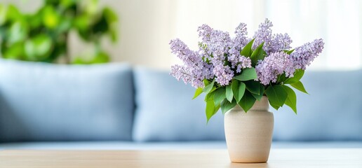 Poster - Beautiful lilac flowers in a vase on a wooden table in a cozy living room (2)